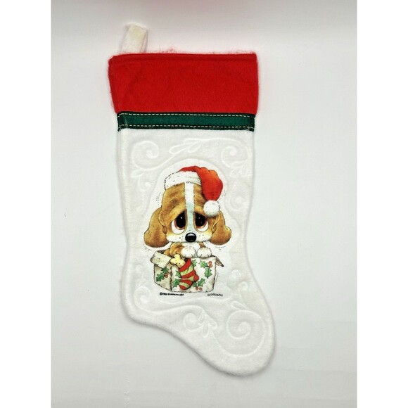 Giordano Sad Sam Puppy in Present Christmas Felt Stocking 15" Embossed - Picture 1 of 8